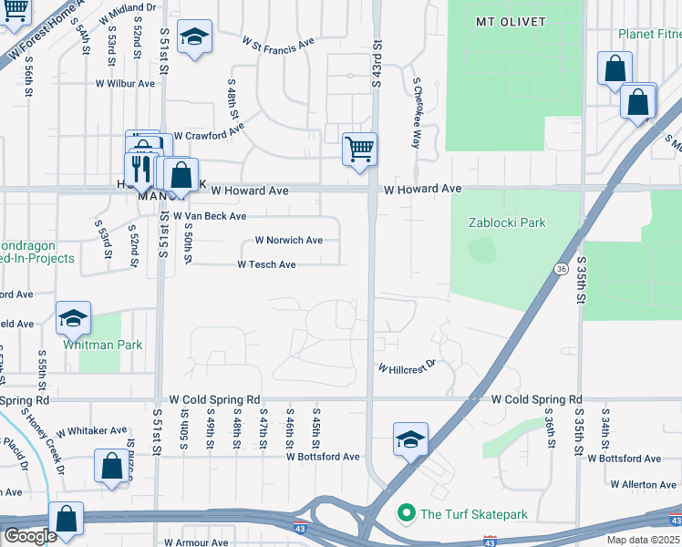 map of restaurants, bars, coffee shops, grocery stores, and more near 4023 South 43rd Street in Greenfield