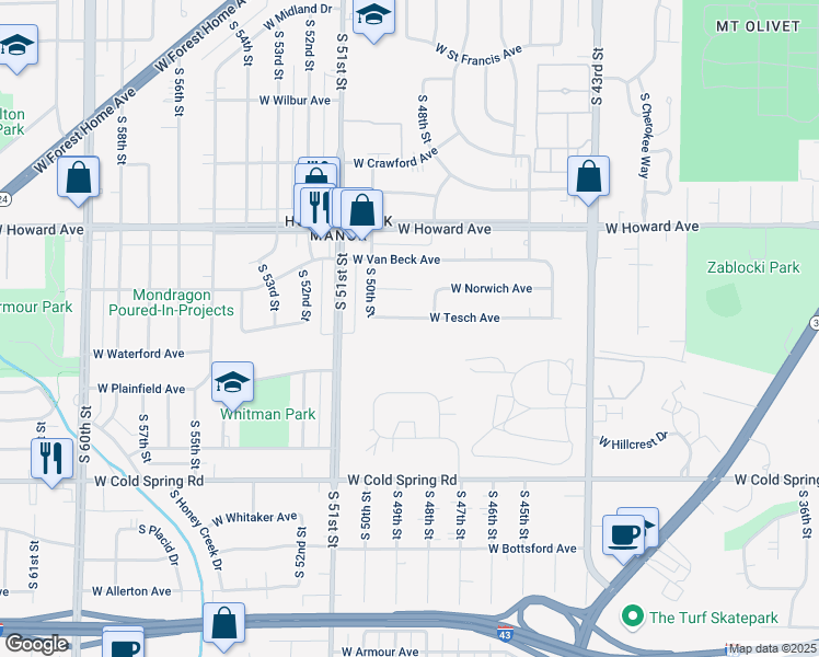 map of restaurants, bars, coffee shops, grocery stores, and more near 4817 West Tesch Avenue in Greenfield