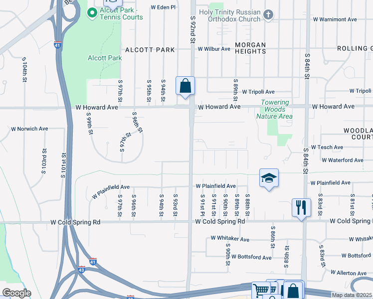 map of restaurants, bars, coffee shops, grocery stores, and more near 4024 South 92nd Street in Greenfield