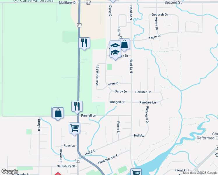 map of restaurants, bars, coffee shops, grocery stores, and more near 411 Darcy Drive in Strathroy