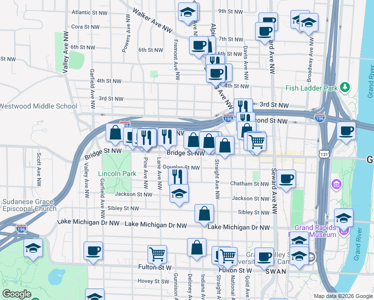 map of restaurants, bars, coffee shops, grocery stores, and more near 909 Bridge Street Northwest in Grand Rapids