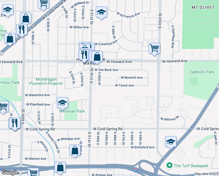 map of restaurants, bars, coffee shops, grocery stores, and more near 4817 West Tesch Avenue in Greenfield