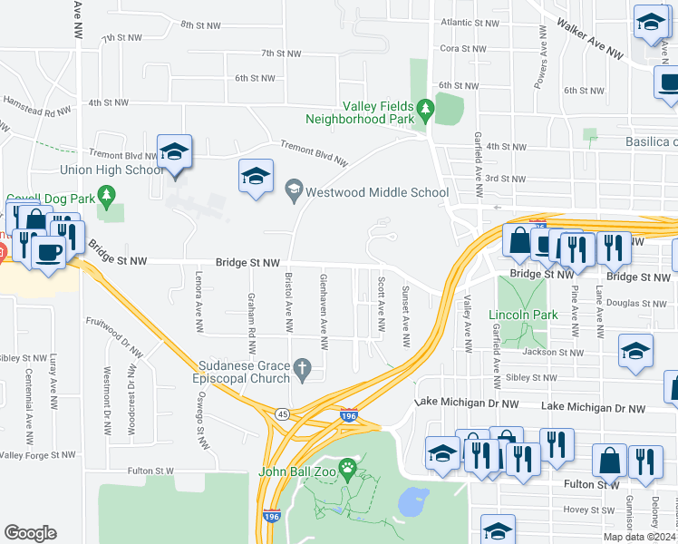 map of restaurants, bars, coffee shops, grocery stores, and more near 1516 Bridge Street Northwest in Grand Rapids