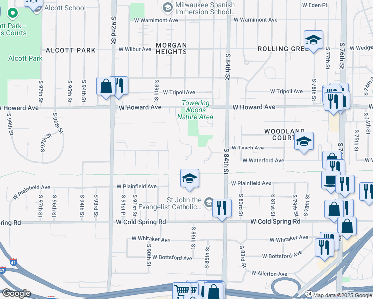 map of restaurants, bars, coffee shops, grocery stores, and more near 3983 South Prairie Hill Lane in Greenfield
