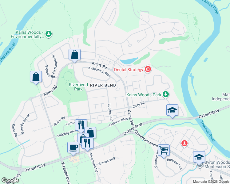 map of restaurants, bars, coffee shops, grocery stores, and more near 1433 Kirkpatrick Way in London