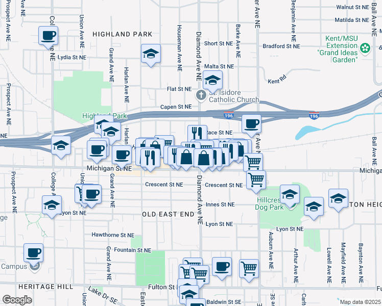 map of restaurants, bars, coffee shops, grocery stores, and more near 419 Diamond Avenue Northeast in Grand Rapids