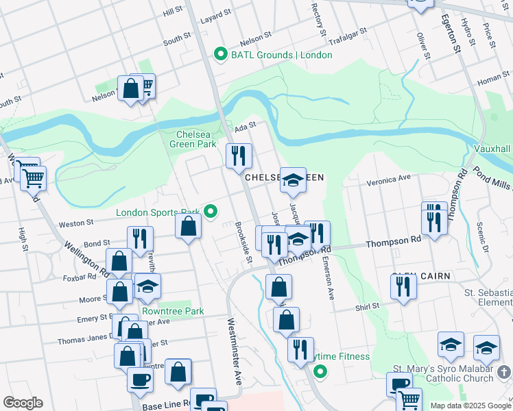 map of restaurants, bars, coffee shops, grocery stores, and more near 66 Adelaide Street South in London