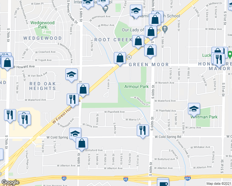 map of restaurants, bars, coffee shops, grocery stores, and more near 6425 West Norwich Avenue in Greenfield