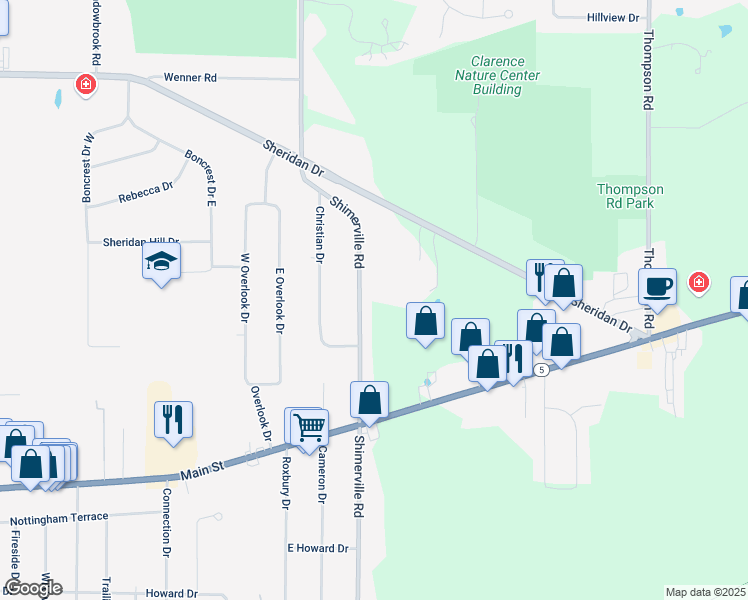 map of restaurants, bars, coffee shops, grocery stores, and more near 4545 Shimerville Road in Clarence