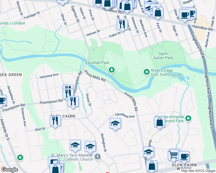 map of restaurants, bars, coffee shops, grocery stores, and more near 14 Spiritwood Court in London