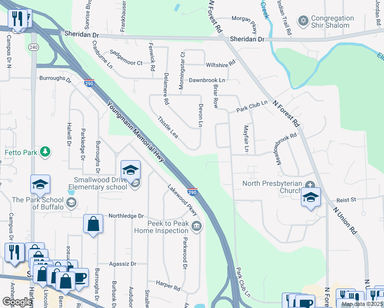 map of restaurants, bars, coffee shops, grocery stores, and more near 201 Thistle Lea in Buffalo