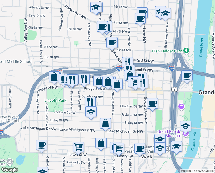 map of restaurants, bars, coffee shops, grocery stores, and more near 407 Milwaukee Avenue Northwest in Grand Rapids