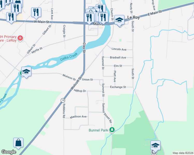 map of restaurants, bars, coffee shops, grocery stores, and more near 5 Warner Park in Le Roy