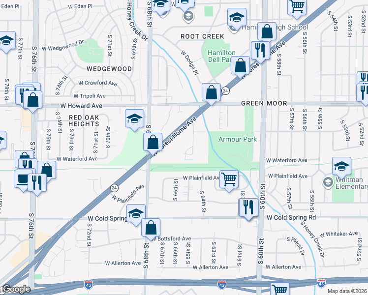 map of restaurants, bars, coffee shops, grocery stores, and more near 4035 South 65th Street in Greenfield