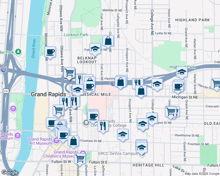 map of restaurants, bars, coffee shops, grocery stores, and more near 201 Michigan Street Northeast in Grand Rapids