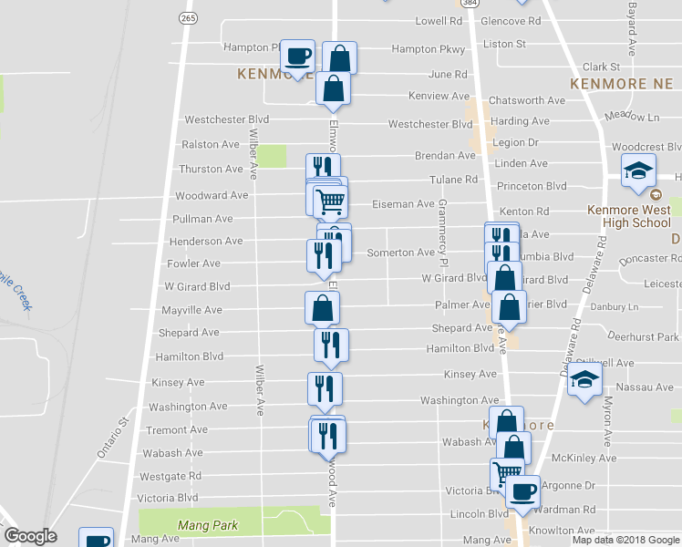 map of restaurants, bars, coffee shops, grocery stores, and more near 2701 Elmwood Avenue in Buffalo