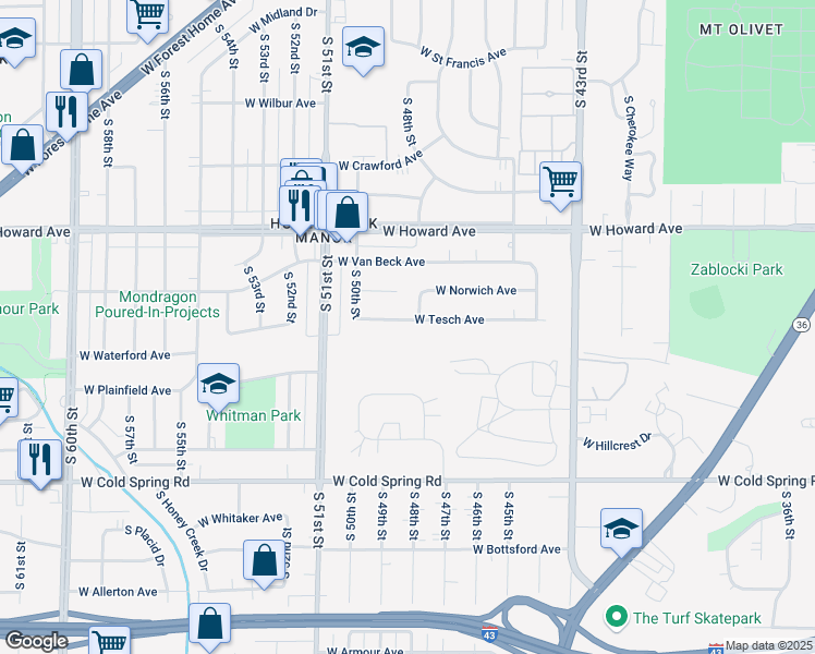 map of restaurants, bars, coffee shops, grocery stores, and more near 4817 West Tesch Avenue in Milwaukee