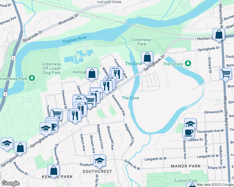 map of restaurants, bars, coffee shops, grocery stores, and more near 228 Greenwood Avenue in London