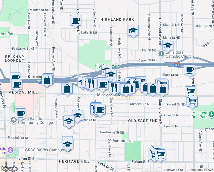 map of restaurants, bars, coffee shops, grocery stores, and more near 637 Michigan Street Northeast in Grand Rapids