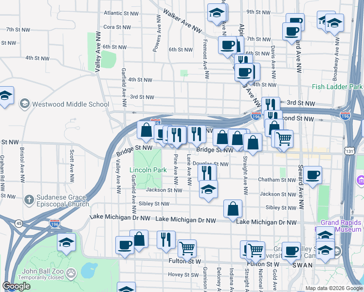 map of restaurants, bars, coffee shops, grocery stores, and more near 346 Pine Avenue Northwest in Grand Rapids