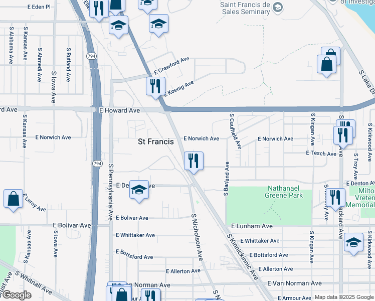 map of restaurants, bars, coffee shops, grocery stores, and more near 4062 South Kinnickinnic Avenue in Saint Francis