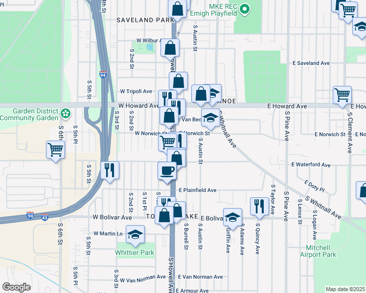 map of restaurants, bars, coffee shops, grocery stores, and more near 4067 A South Burrell Street in Milwaukee