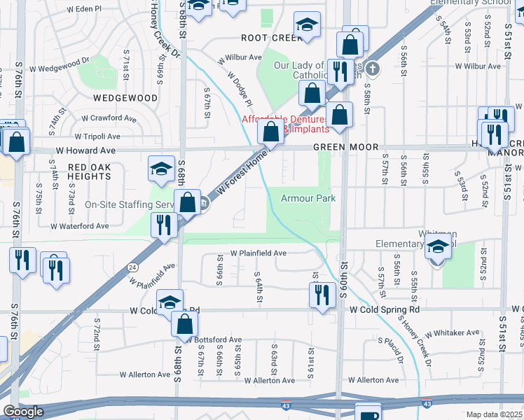 map of restaurants, bars, coffee shops, grocery stores, and more near 6425 West Norwich Avenue in Greenfield