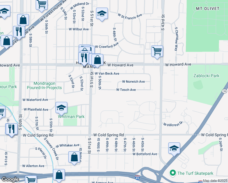 map of restaurants, bars, coffee shops, grocery stores, and more near 4817 West Tesch Avenue in Milwaukee
