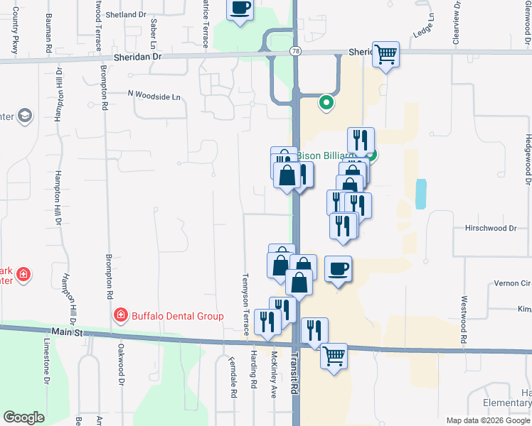 map of restaurants, bars, coffee shops, grocery stores, and more near 49 Tennyson Court in Buffalo