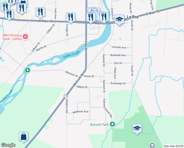 map of restaurants, bars, coffee shops, grocery stores, and more near 16 Union Street in Le Roy