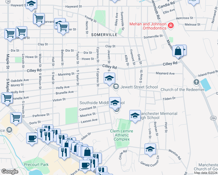 map of restaurants, bars, coffee shops, grocery stores, and more near 130 South Jewett Street in Manchester
