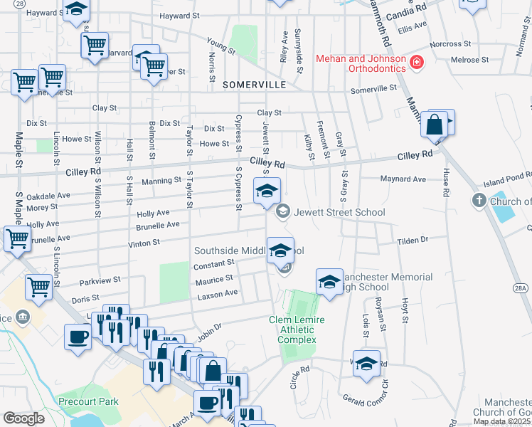 map of restaurants, bars, coffee shops, grocery stores, and more near 130 South Jewett Street in Manchester