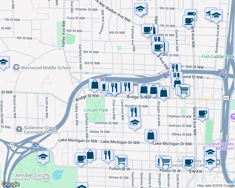 map of restaurants, bars, coffee shops, grocery stores, and more near 346 Pine Avenue Northwest in Grand Rapids