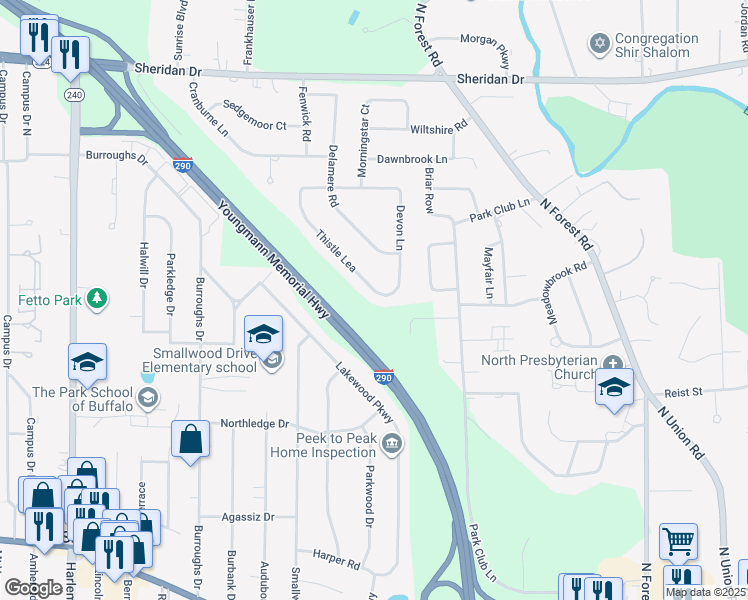 map of restaurants, bars, coffee shops, grocery stores, and more near 201 Thistle Lea in Buffalo
