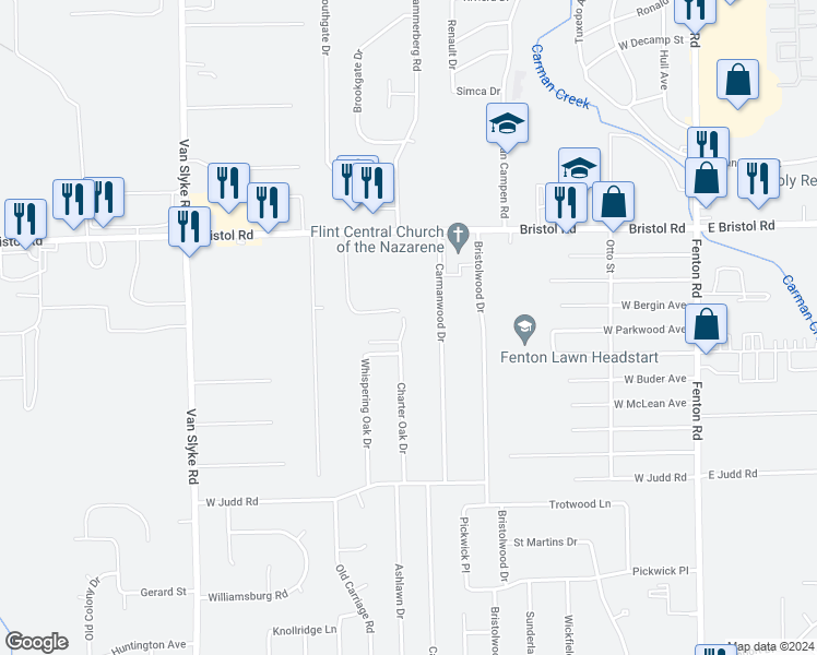 map of restaurants, bars, coffee shops, grocery stores, and more near 4105 Charter Oak Drive in Flint
