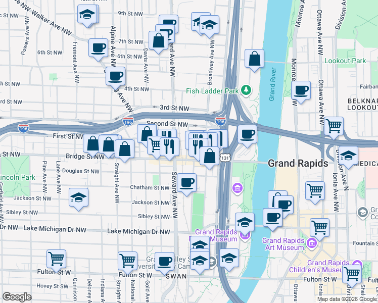 map of restaurants, bars, coffee shops, grocery stores, and more near 420 Alabama Avenue Northwest in Grand Rapids