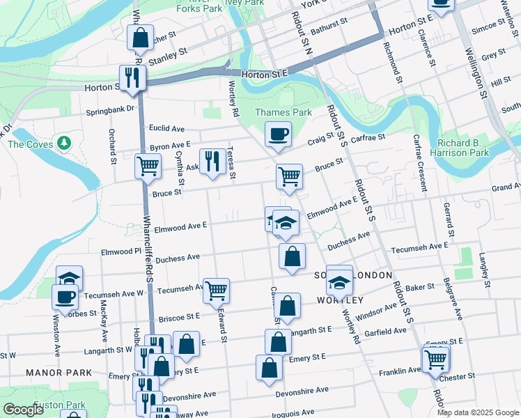 map of restaurants, bars, coffee shops, grocery stores, and more near 25 Cathcart Street in London