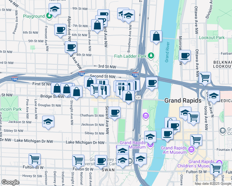 map of restaurants, bars, coffee shops, grocery stores, and more near 420 Alabama Avenue Northwest in Grand Rapids