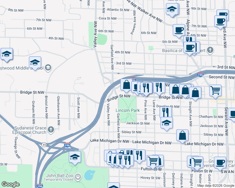 map of restaurants, bars, coffee shops, grocery stores, and more near in Grand Rapids