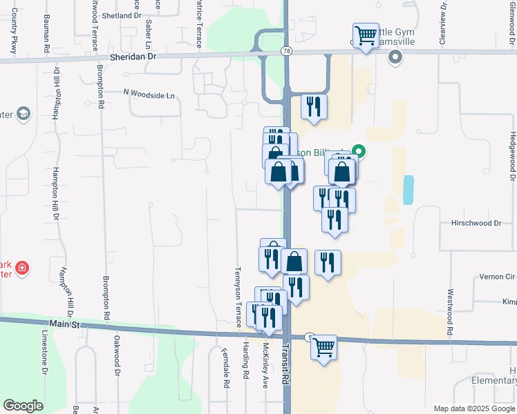 map of restaurants, bars, coffee shops, grocery stores, and more near 49 Tennyson Court in Buffalo