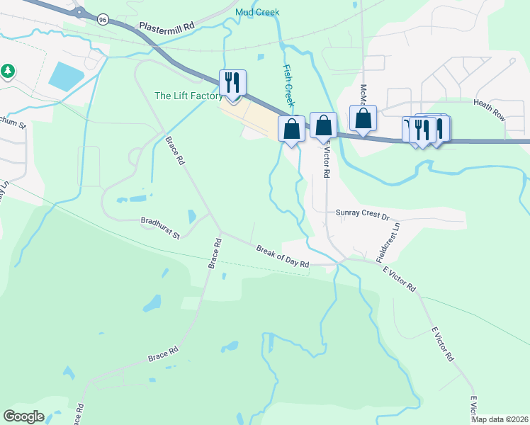 map of restaurants, bars, coffee shops, grocery stores, and more near 1337 Wagon Trail Drive in Victor