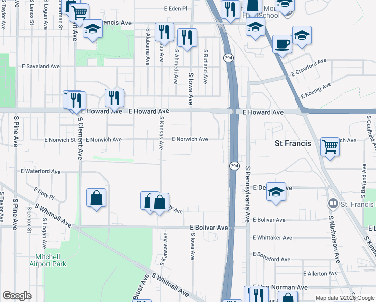 map of restaurants, bars, coffee shops, grocery stores, and more near 1932 East Tesch Avenue in Saint Francis