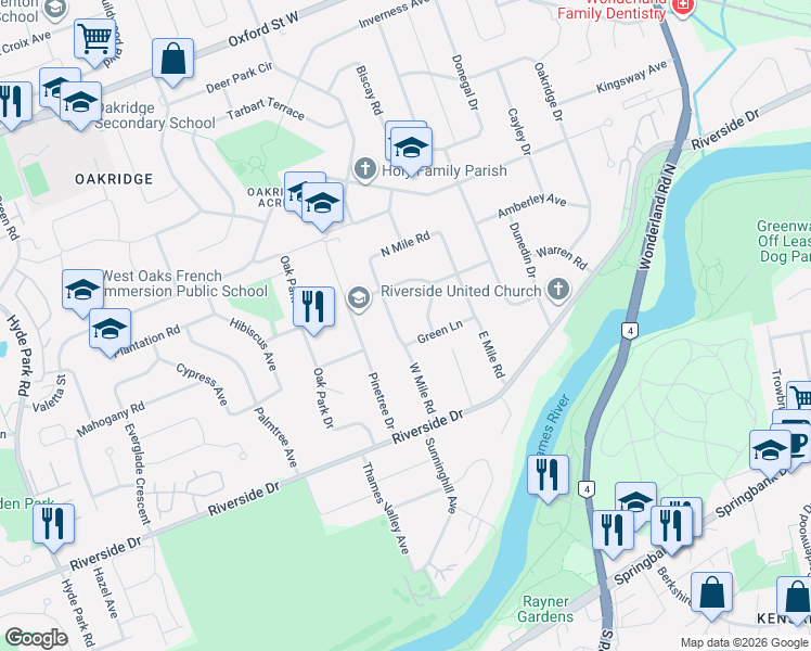 map of restaurants, bars, coffee shops, grocery stores, and more near 458 West Mile Road in London