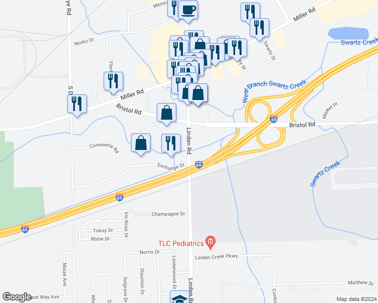 map of restaurants, bars, coffee shops, grocery stores, and more near 4047 Linden Road in Flint