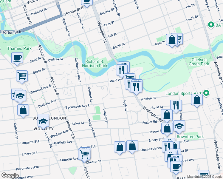 map of restaurants, bars, coffee shops, grocery stores, and more near 107 Grand Avenue in London