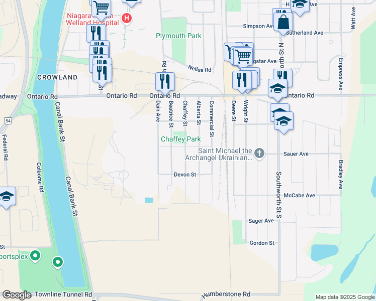 map of restaurants, bars, coffee shops, grocery stores, and more near 215 Chaffey Street in Welland