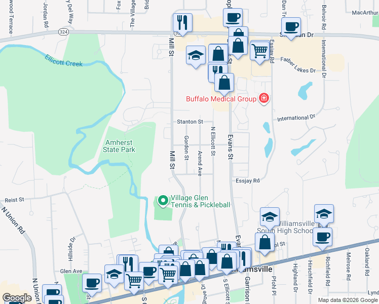 map of restaurants, bars, coffee shops, grocery stores, and more near 90 Arend Avenue in Buffalo