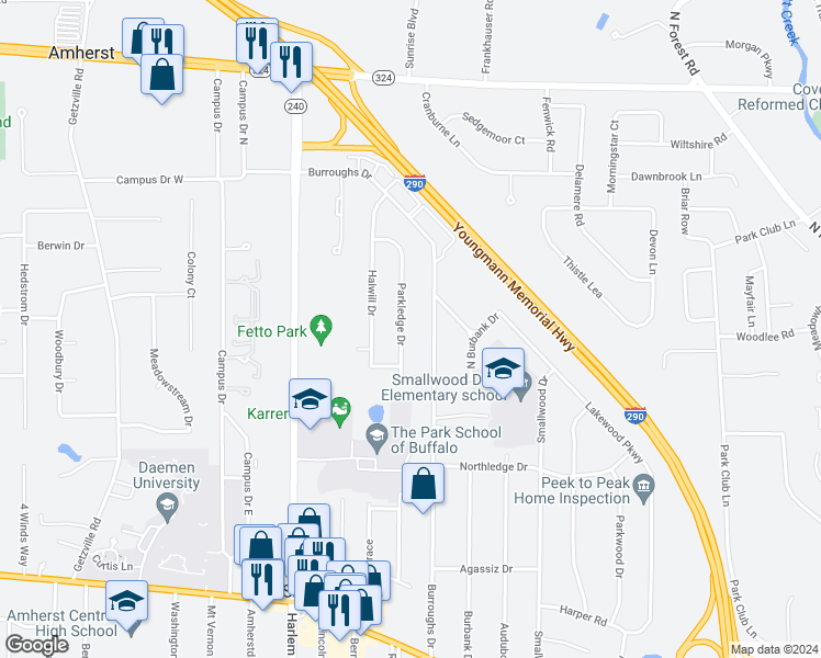 map of restaurants, bars, coffee shops, grocery stores, and more near 180 Halwill Drive in Buffalo
