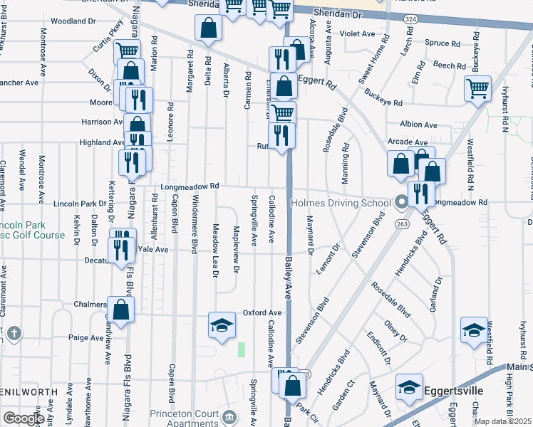 map of restaurants, bars, coffee shops, grocery stores, and more near 407 Callodine Avenue in Buffalo