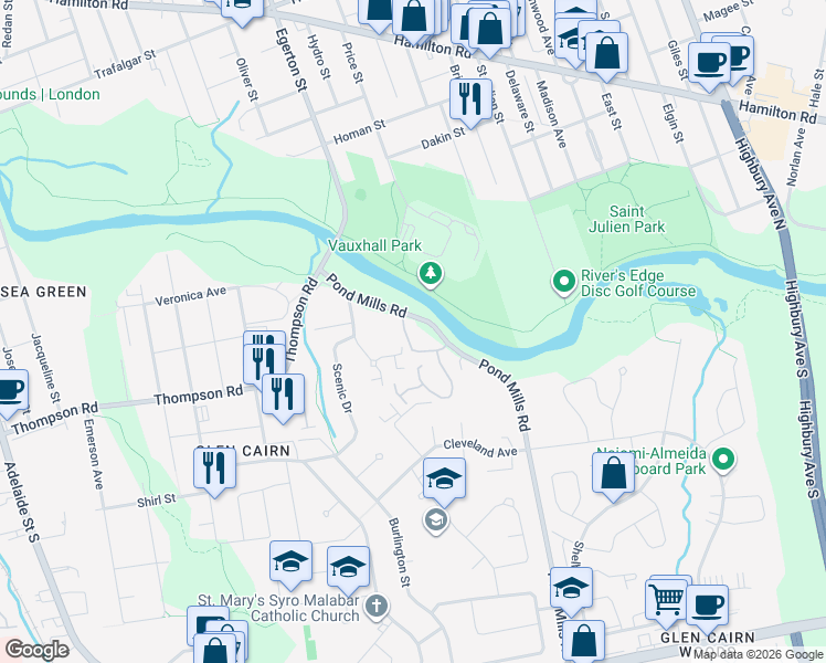 map of restaurants, bars, coffee shops, grocery stores, and more near 45 A Pond Mills Road in London
